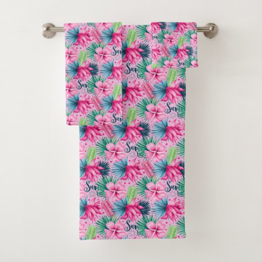 Roze Groen Blauw Tropisch Zomer Bloemig Bloemen  Bad Handdoek (Insitu)