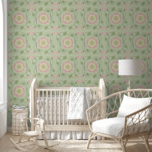 Roze Groen Bloemen Art Nouveau Behang