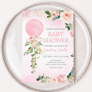 Roze groen Bloemenballon Baby shower Kaart