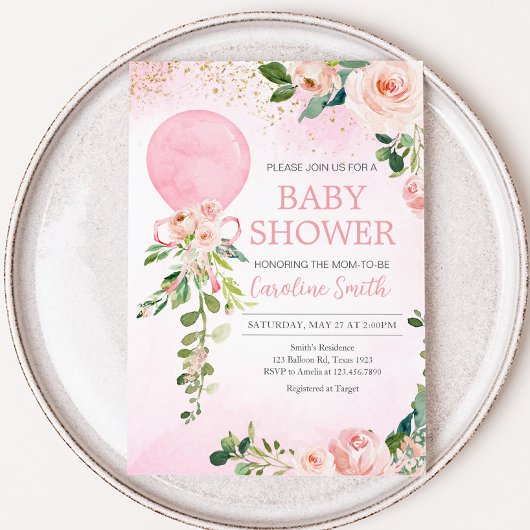 Roze groen Bloemenballon Baby shower Kaart