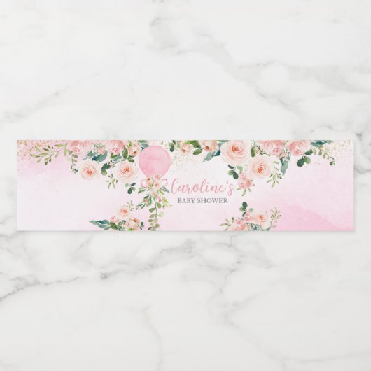 Roze groen Bloemenballon Baby shower Waterfles Etiket (Enkel label)