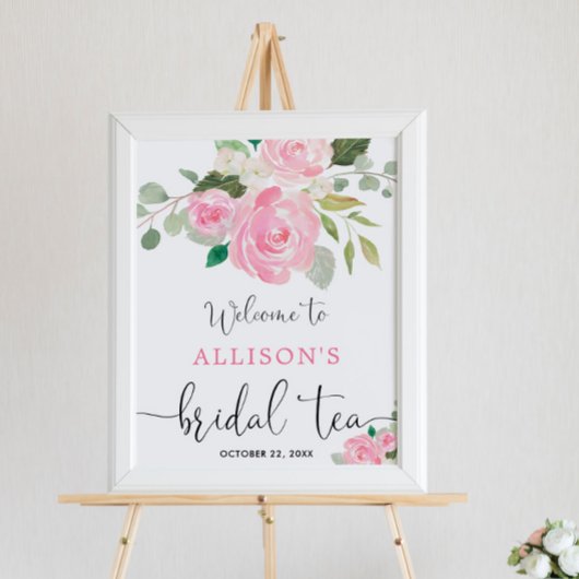 Roze groen bloemenbruids thee welkomstbord poster