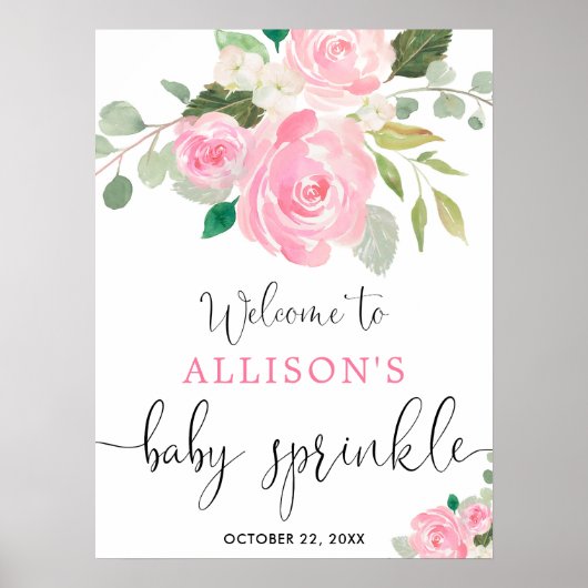 Roze groen bloemenmeisje baby sprinkle welkom poster (Voorkant)
