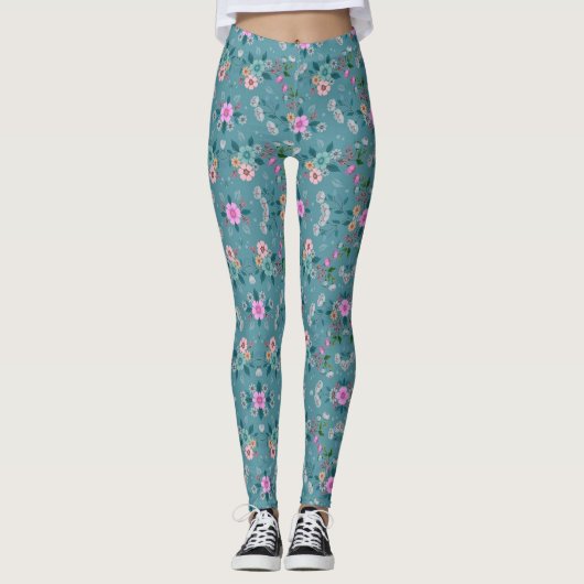 Roze & groen Bloempatroon Leggings (Voorkant)