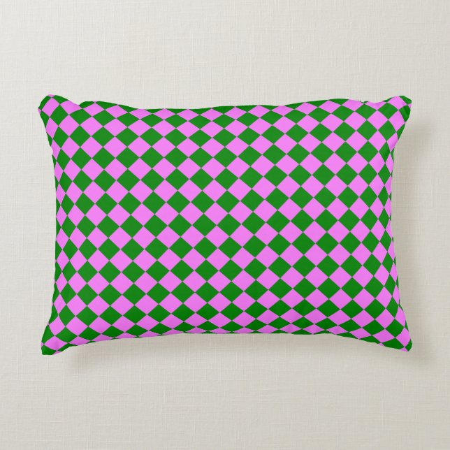 Roze Groen Checker Diamant Patroon Accent Kussen (Voorkant)