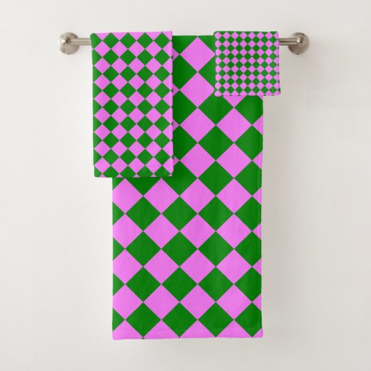 Roze Groen Checker Diamant Patroon Bad Handdoek (Insitu)