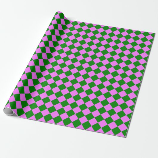 Roze Groen Checker Diamant Patroon Cadeaupapier (Uitgerold)