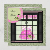 Roze Groen Damask Baby Meisje Douche Uitnodigingen (Voorkant / Achterkant)