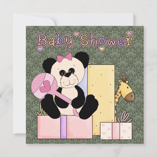 Roze Groen Damask Teddy Bear Baby Meisje Douche Kaart (Voorkant)