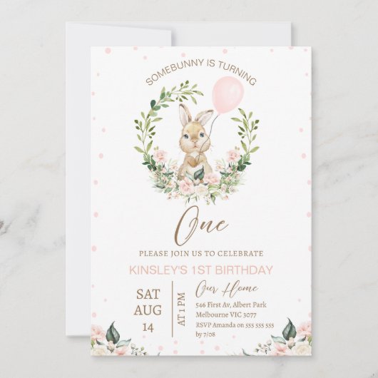 Roze groen Een konijn wordt een 1e verjaardag Kaart (Voorkant)