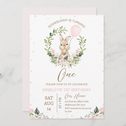 Roze groen Een konijn wordt een 1e verjaardag Kaart (Voorkant / Achterkant)