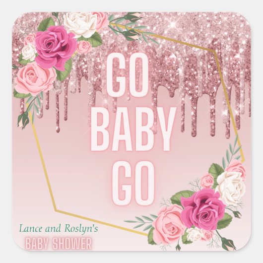 Roze|Groen Elegant Glitter Drip Derby Baby shower Vierkante Sticker (Voorkant)