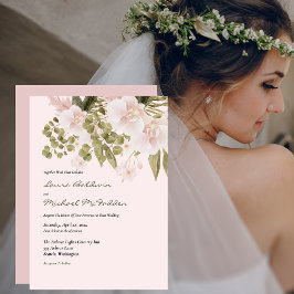 Roze, Groen, Elegante Boho Stijl Trouw Uitnodiging