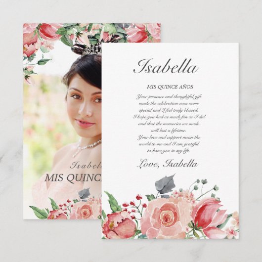 Roze & Groen Elegante Quinceañera Bedankkaart (Voorkant / Achterkant)