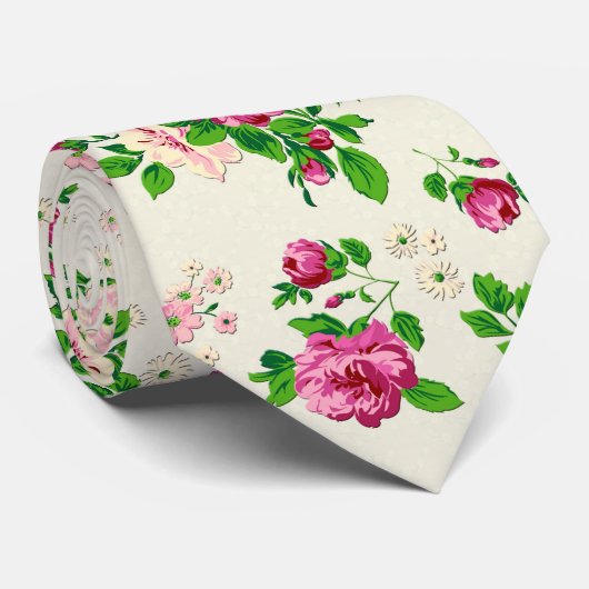 Roze groen en beige bloemontwerp stropdas (Opgerold)