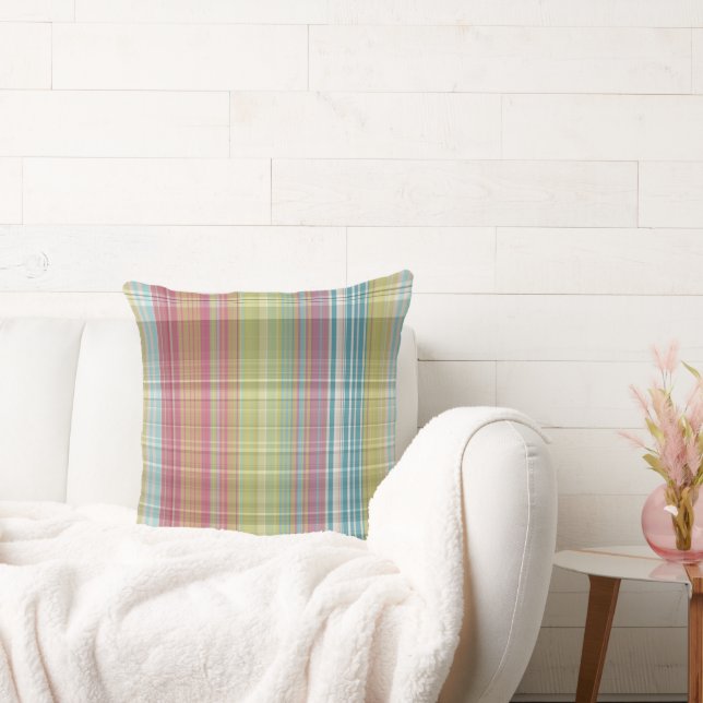 Roze, Groen en blauw Plaid Kussen (Bank)