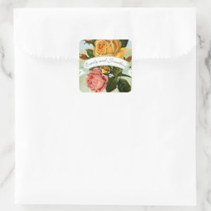 Roze Groen en Geel Bloemen Roos Bruiloft Seal Vierkante Sticker