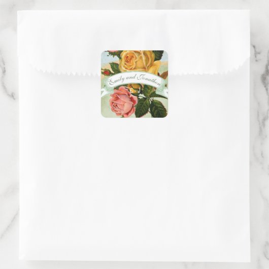 Roze Groen en Geel Bloemen Roos Bruiloft Seal Vierkante Sticker (Tas)