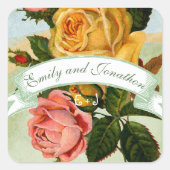 Roze Groen en Geel Bloemen Roos Bruiloft Seal Vierkante Sticker