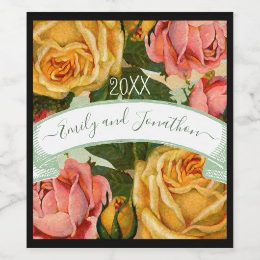 Roze Groen en Geel Bloemen Roos Bruiloft Seal Wijn Etiket (Enkel label)