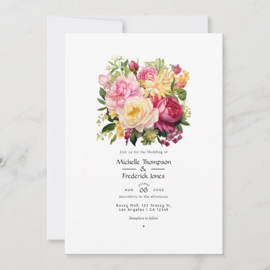 Roze, Groen en Goud Bloemen Lente Bruiloft Kaart (Voorkant)