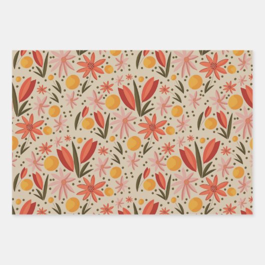 Roze, Groen en Sinaasappel Bloemen en Patroon Inpakpapier Vel (Voorkant 3)