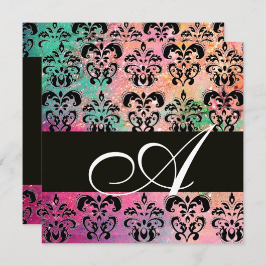 ROZE GROEN FUCHSIA ZWART DAMASK MONOGRAM , wit Kaart (Voorkant / Achterkant)