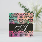 ROZE GROEN FUCHSIA ZWART DAMASK MONOGRAM , wit Kaart (Staand voorkant)