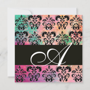 ROZE GROEN FUCHSIA ZWART DAMAST MONOGRAM , wit Kaart