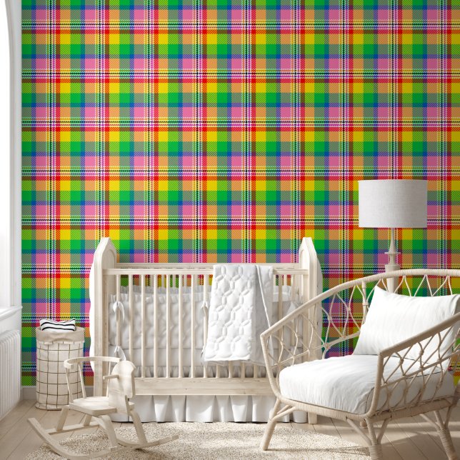 Roze groen geel Madras ruitontwerp  Behang (Kinderen)