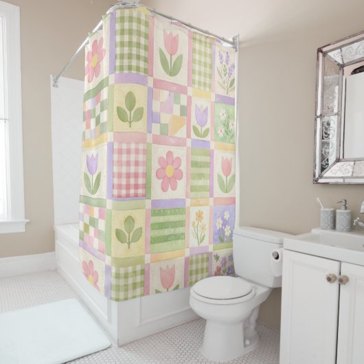 Roze Groen Geel Pastel Quilt Patchwork Bloem Douchegordijn (In situ)