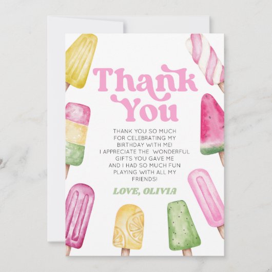 Roze Groen Geel Retro Popsicle Verjaardagsfeestje Bedankkaart (Voorkant)