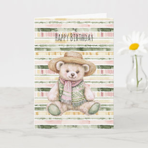 Roze Groen Geel Strepen Teddybeer Verjaardag Kaart