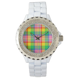 Roze Groen Geel Tartan Plakken Ontwerp Horloge