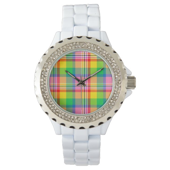 Roze Groen Geel Tartan Plakken Ontwerp Horloge (Voorkant)
