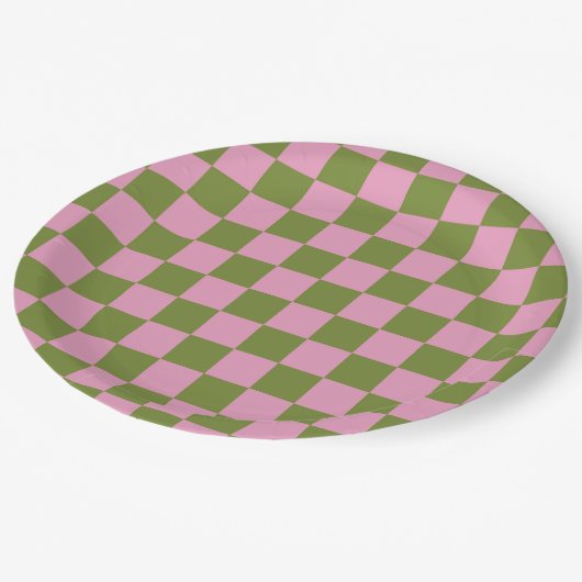 Roze Groen geruit Gingham patroon Papieren Bordje (Gekanteld)