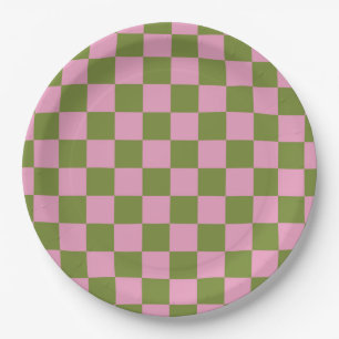 Roze Groen geruit Gingham patroon Papieren Bordje