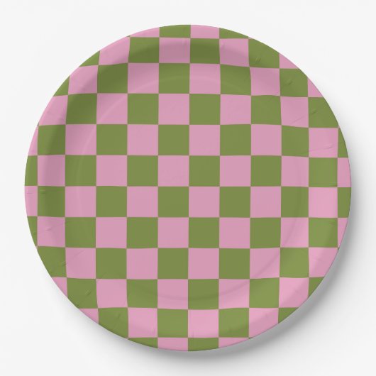 Roze Groen geruit Gingham patroon Papieren Bordje (Voorkant)