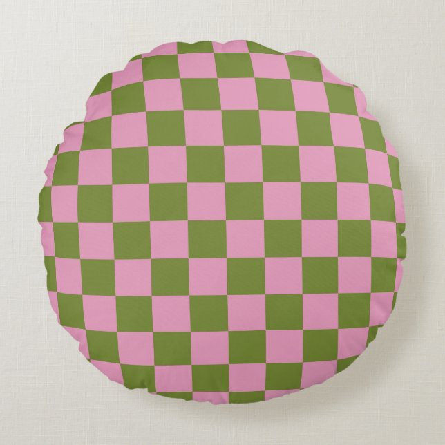 Roze Groen geruit Gingham patroon Rond Kussen (Voorkant)