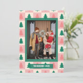 Roze Groen Geruite Boom Foto Kerstmis Feestdagenkaart (Staand voorkant)