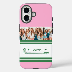 Roze & Groen Gestreept gepersonaliseerd retro cade iPhone 16 Hoesje