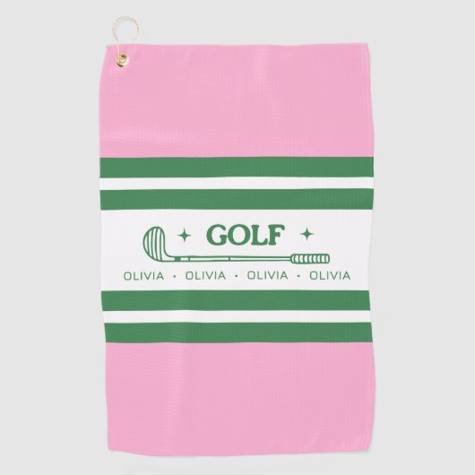 Roze & Groen Gestreept gepersonaliseerd retro cade Golfhanddoek (Voorkant)