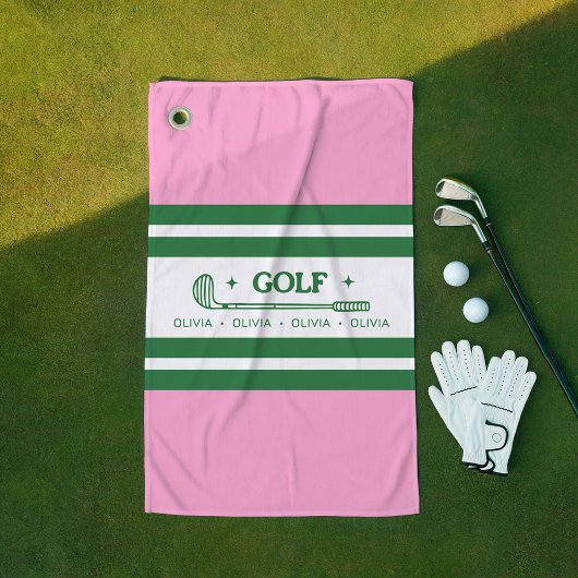 Roze & Groen Gestreept gepersonaliseerd retro cade Golfhanddoek