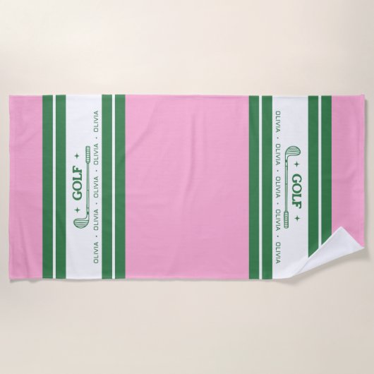 Roze & Groen Gestreept gepersonaliseerd retro cade Strandlaken (Voorkant)