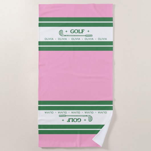 Roze & Groen Gestreept gepersonaliseerd retro cade Strandlaken (Voorkant)