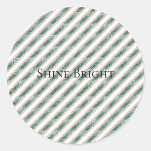 Roze Groen Glitter Strepen Kerst   Ronde Sticker