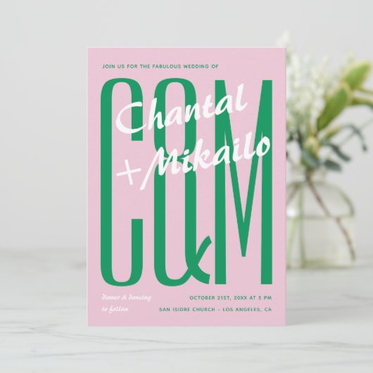 Roze Groen Grote Monogram Creatief Vet Leuke Huwel Kaart (Staand voorkant)