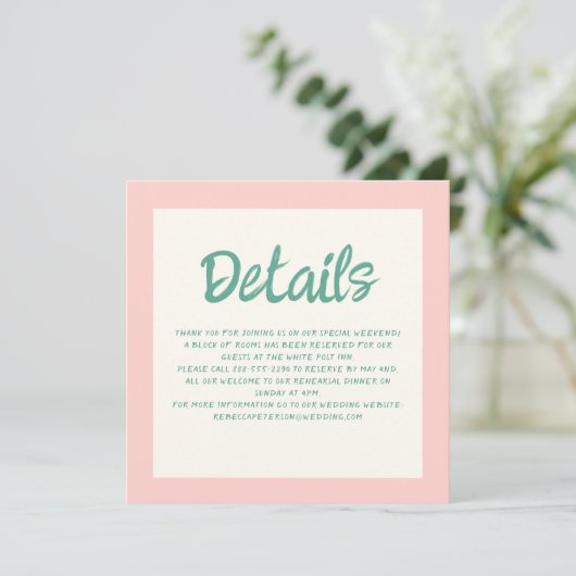 Roze & Groen Handschrift Retro Bruiloft Details Kaart (Staand voorkant)