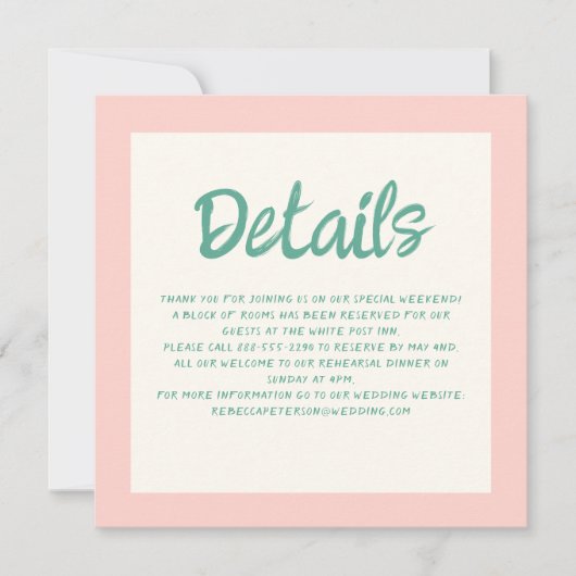 Roze & Groen Handschrift Retro Bruiloft Details Kaart (Voorkant)