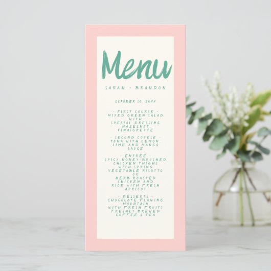Roze Groen Handschrift Typografie Retro Bruiloft Menu (Staand voorkant)
